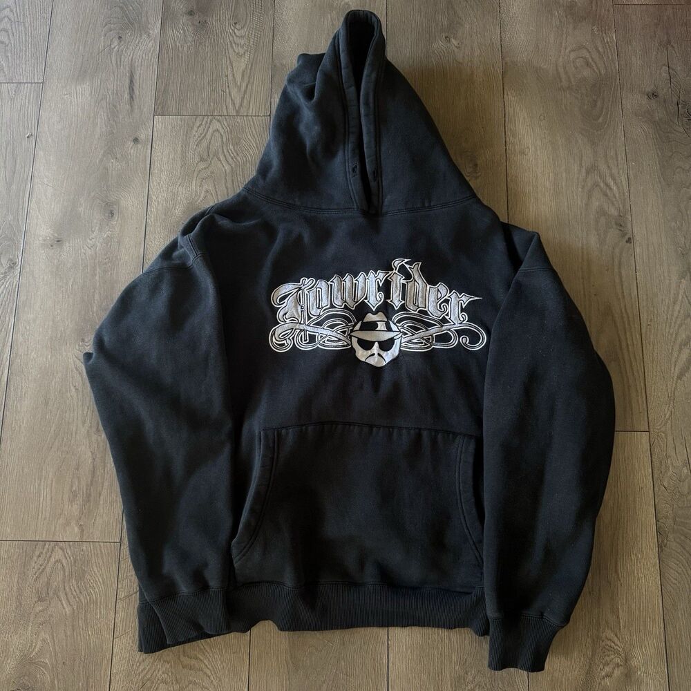 VTG Lowrider Hoodie Sweatshirt Mens 2XL Faded Black Embroidered Homie XXL *Read